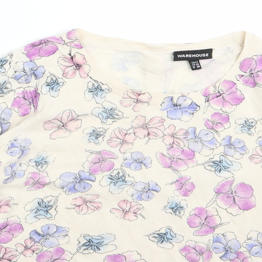 Warehouse Womens White Floral  Basic T-Shirt Size 12