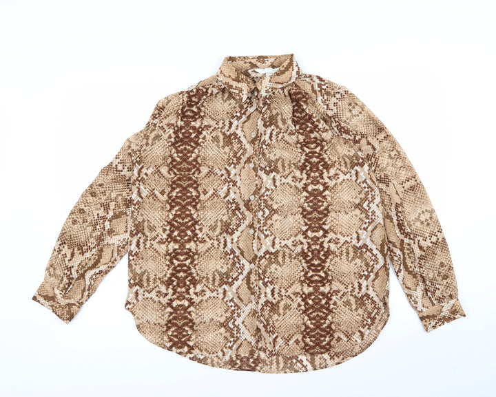 H&M Womens Brown Animal Print Basic Button-Up Size 12