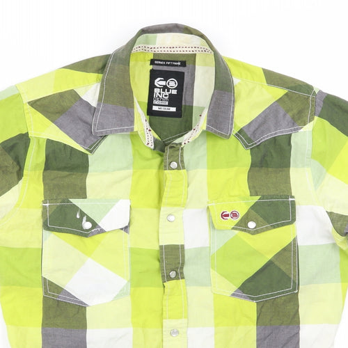 Blue Inc Mens Green Plaid   Button-Up Size M