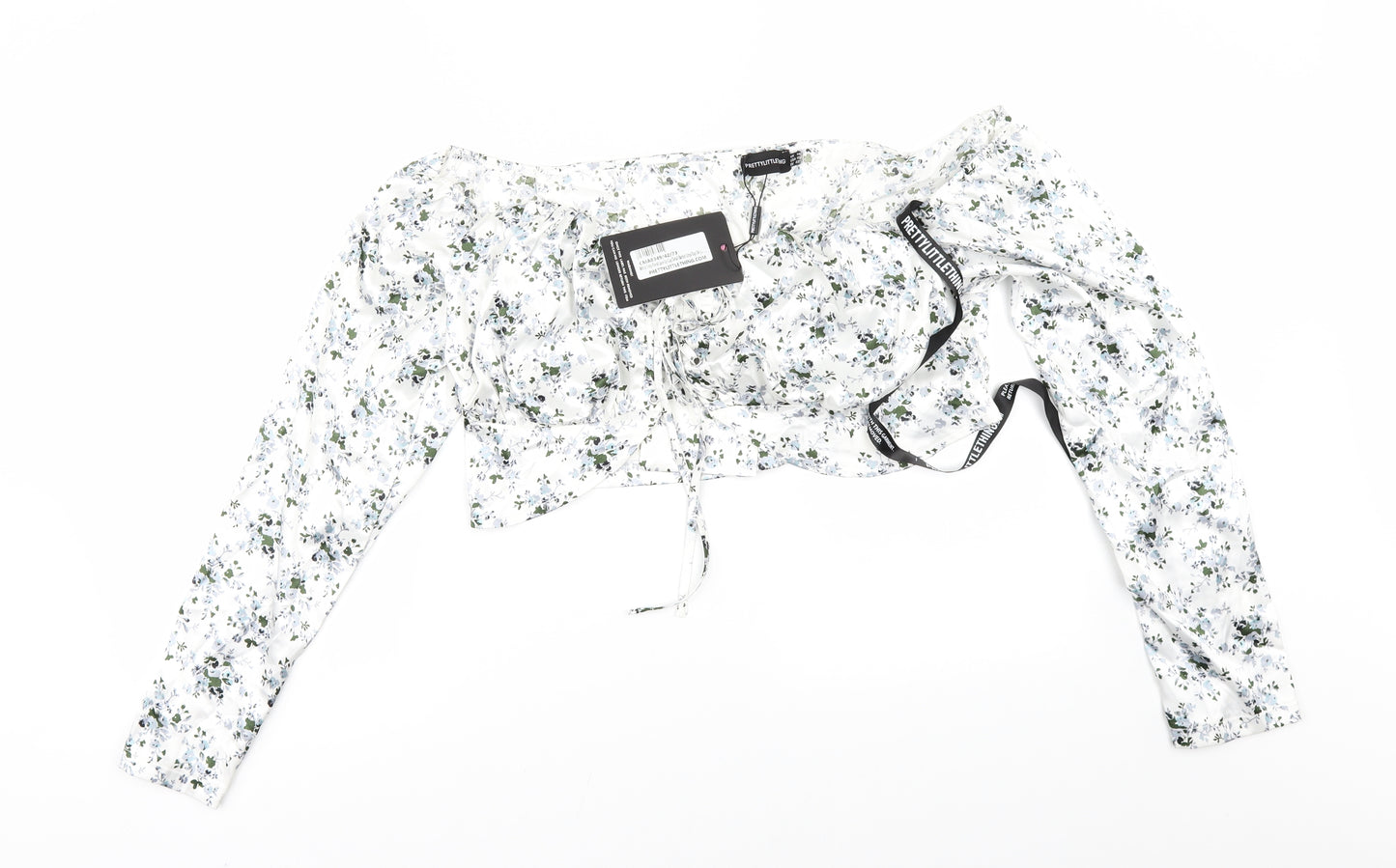 PRETTYLITTLETHING` Womens White Floral  Cropped Blouse Size 14