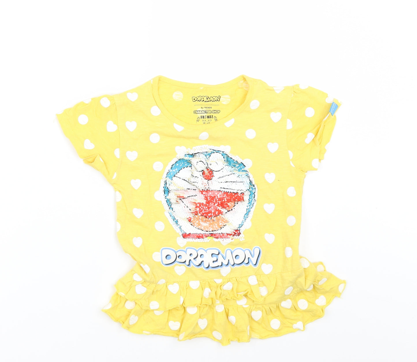 Doraemon Girls Yellow Polka Dot  Basic T-Shirt Size 5-6 Years