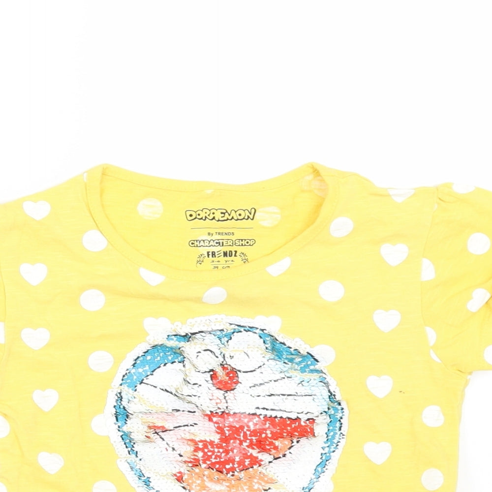 Doraemon Girls Yellow Polka Dot  Basic T-Shirt Size 5-6 Years