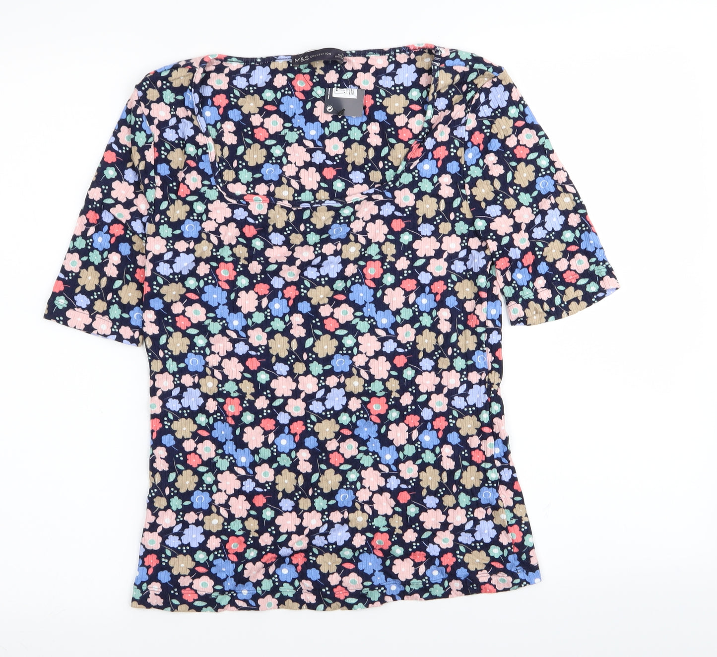 M&S Womens Blue Floral  Basic T-Shirt Size 12