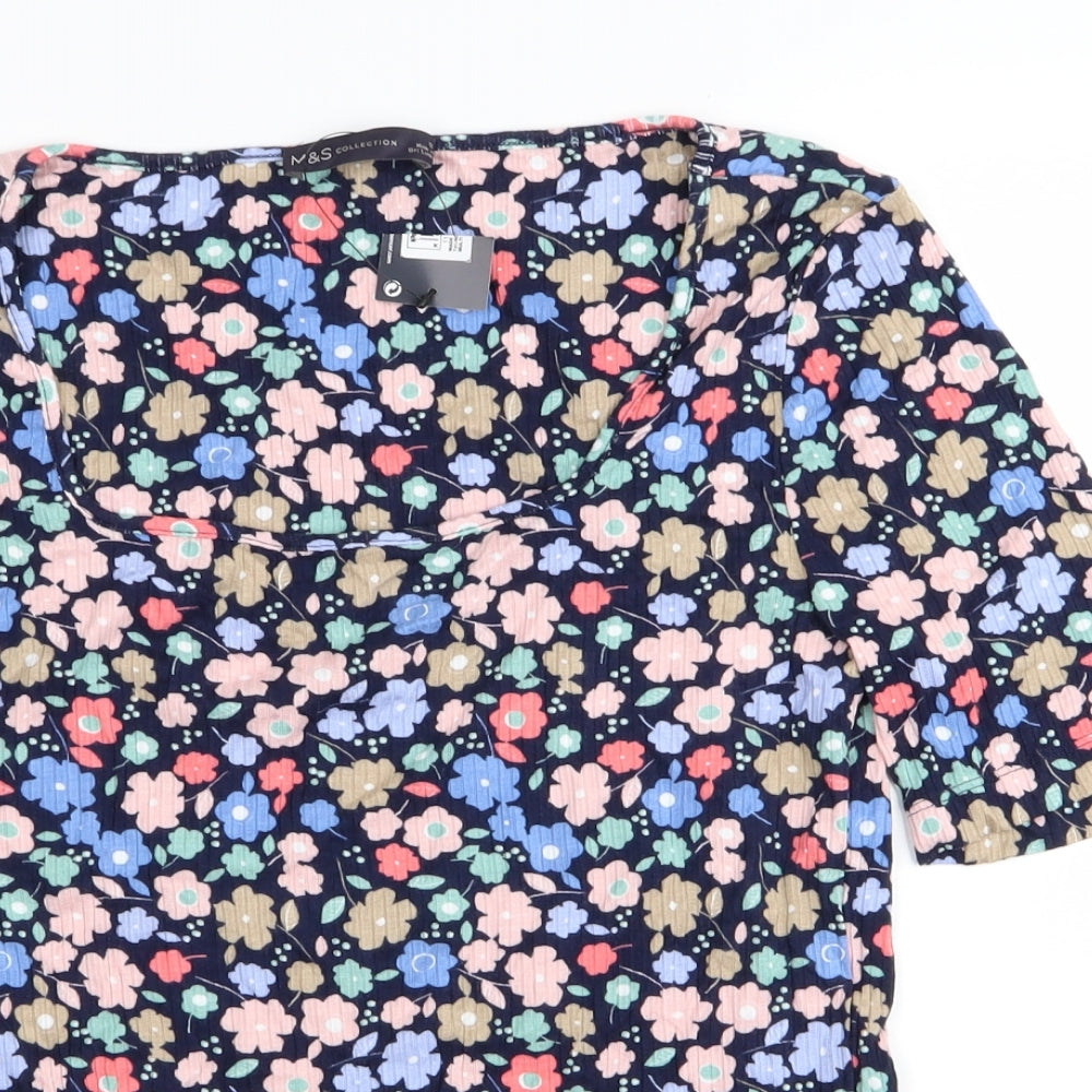 M&S Womens Blue Floral  Basic T-Shirt Size 12