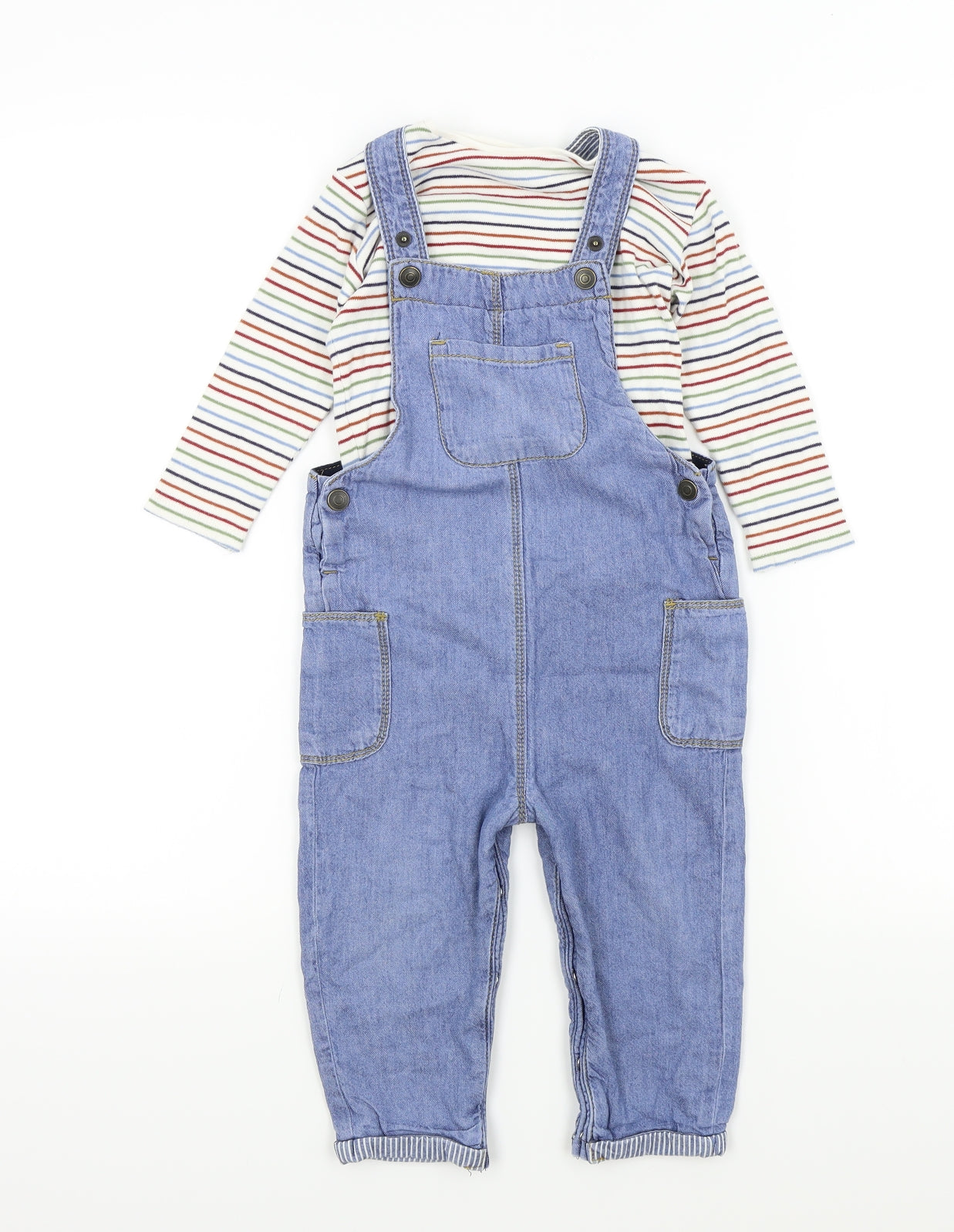 fred&flo Baby Blue Striped  Dungaree Outfit/Set Size 18 Months