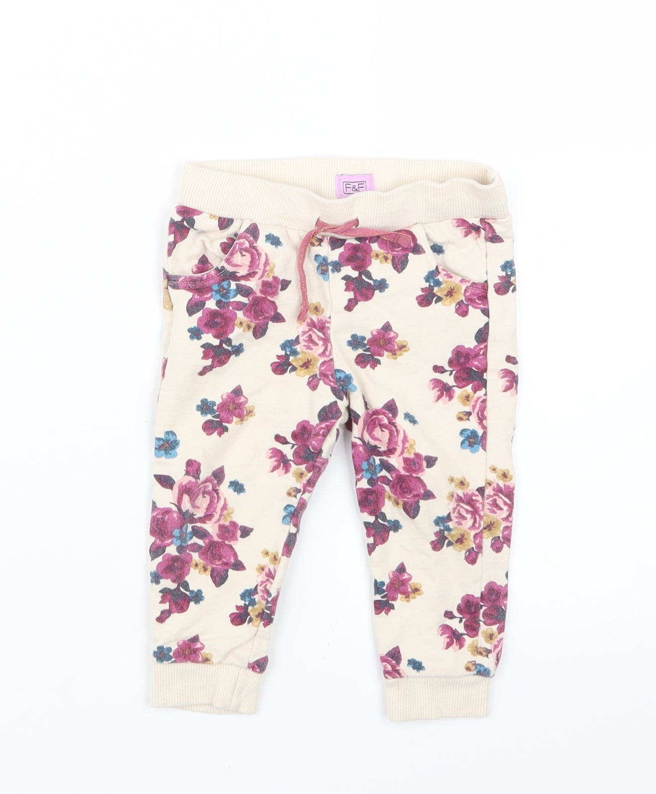 F&F Girls Beige Floral  Jogger Trousers Size 9-12 Months