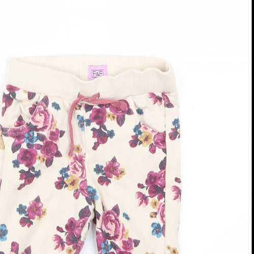 F&F Girls Beige Floral  Jogger Trousers Size 9-12 Months