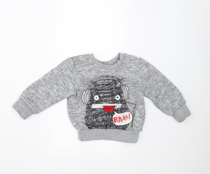 Mini Rebel Baby Grey Pullover Jumper Size 9-12 Months - monster face