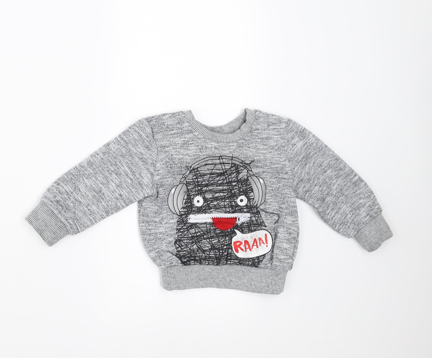 Mini Rebel Baby Grey   Pullover Jumper Size 9-12 Months  - monster face