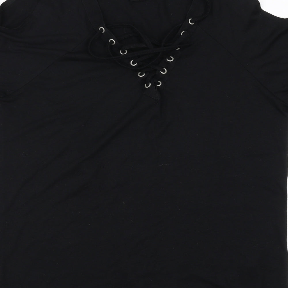 Primark Womens Black   Basic T-Shirt Size 10  - Lace up Detail
