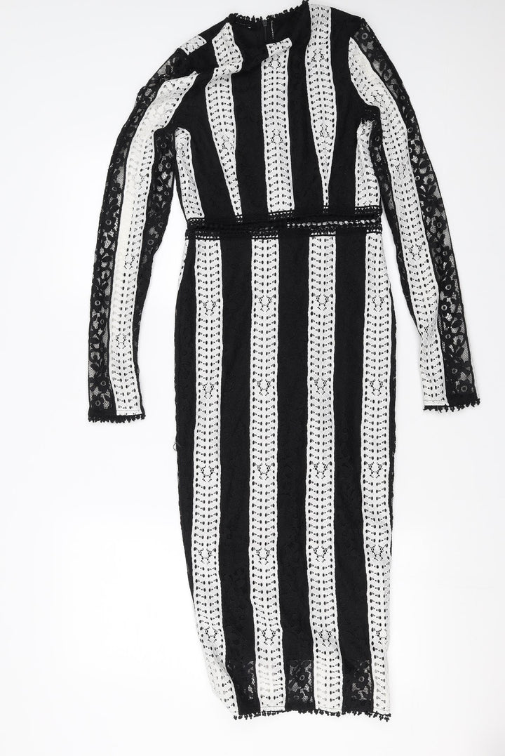 PRETTYLITTLETHING Womens Black Striped  Pencil Dress  Size 4