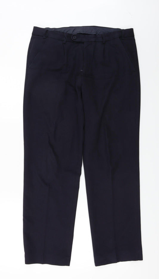 Front view of Taylor & Wright men’s blue trousers, size 32, in, 27-inch leg