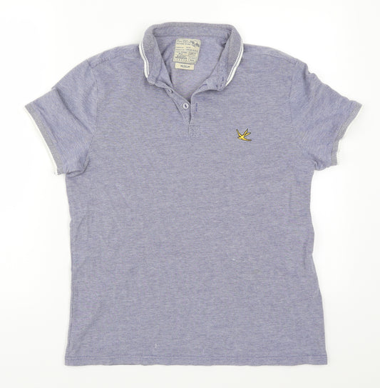 Front view of Burton men’s blue polo, size M