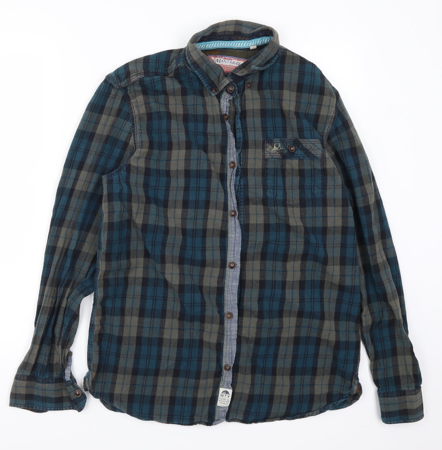 Mantaray Mens Blue Check   Button-Up Size M