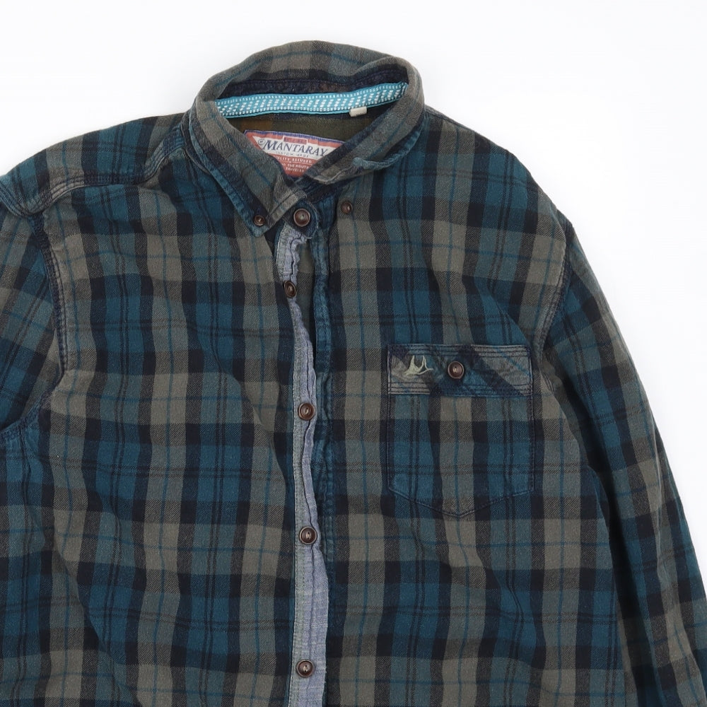 Mantaray Mens Blue Check   Button-Up Size M