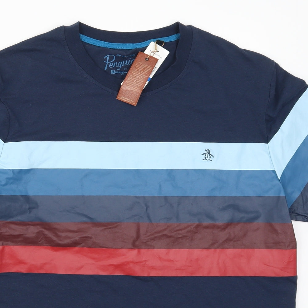 Penguin Mens Blue Striped   T-Shirt Size XL  - Red