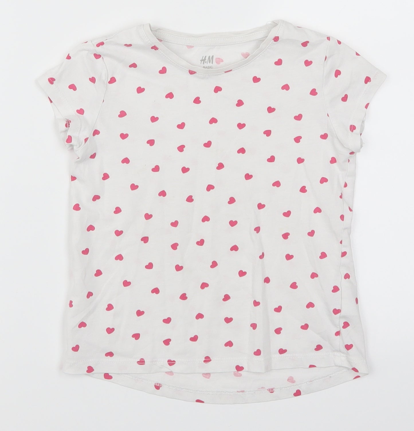 H&M Girls White Geometric  Basic T-Shirt Size 5-6 Years  - Pink Love Hearts