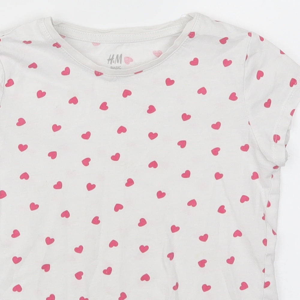 H&M Girls White Geometric  Basic T-Shirt Size 5-6 Years  - Pink Love Hearts