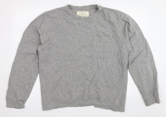 Front view of men’s grey pullover sweatshirt, size XL