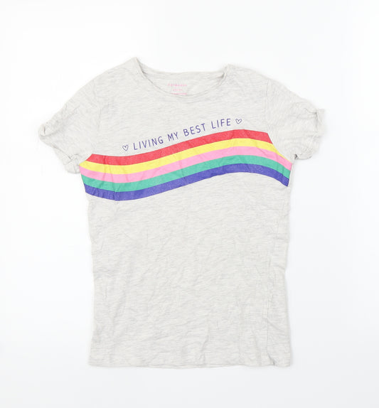 Front view of Primark girls’ grey basic t-shirt, size 9-10, years - rainbow