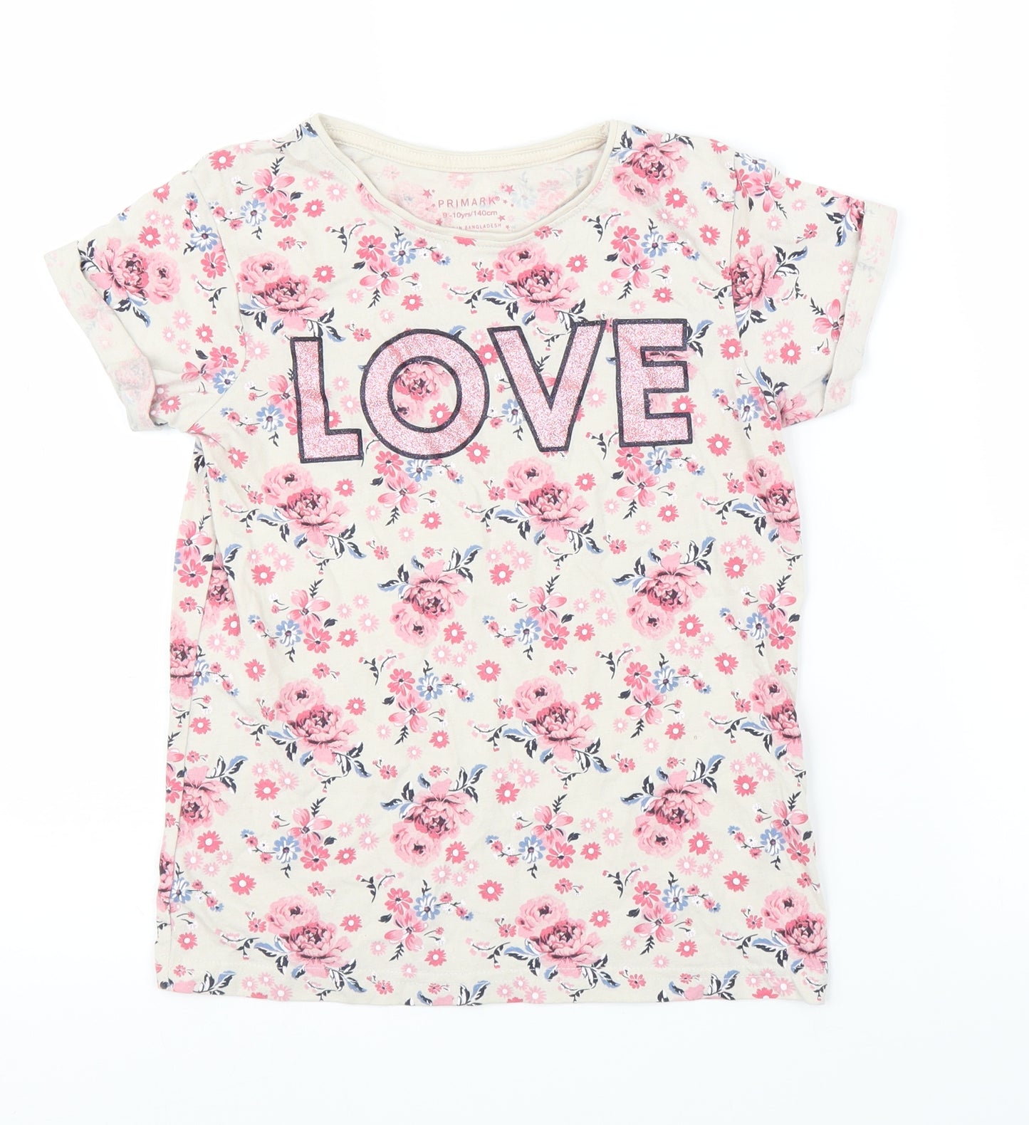 Primark Girls Beige Floral  Basic T-Shirt Size 9-10 Years