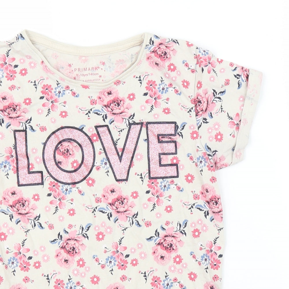 Primark Girls Beige Floral  Basic T-Shirt Size 9-10 Years