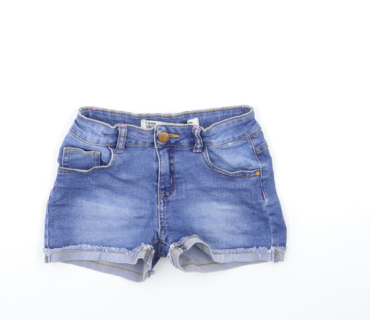 Front view of Denim & Co. girls’ blue denim hot pants shorts, size 7-8, years