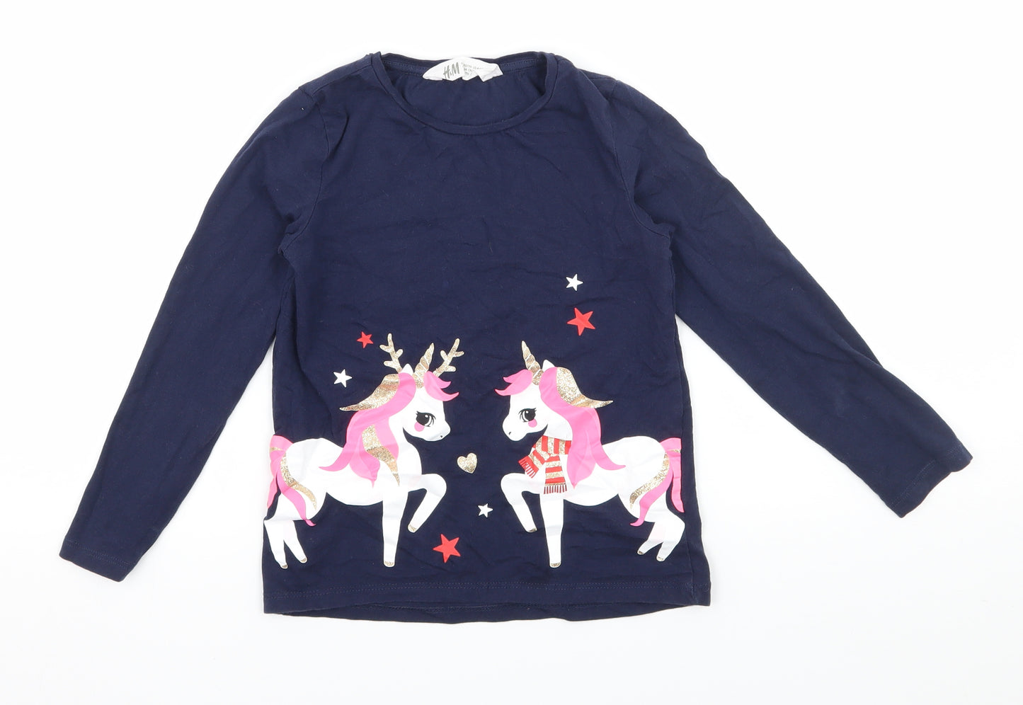 H&M Girls Blue  Jersey Basic T-Shirt Size 5-6 Years  - Unicorn