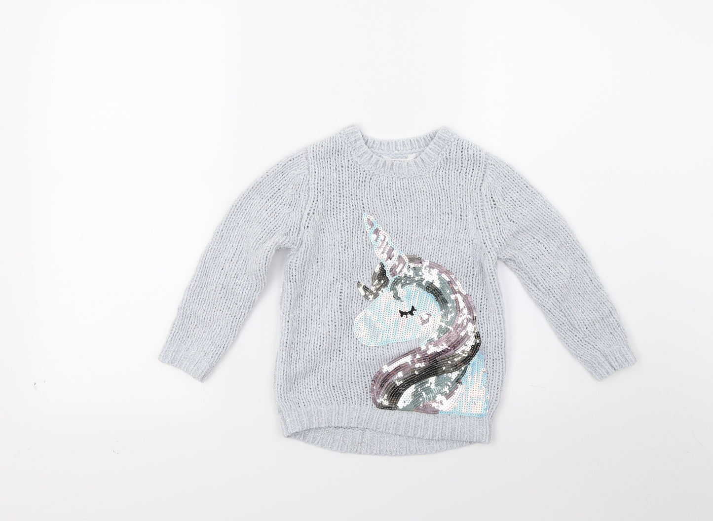 M&Co Girls Grey  Knit Pullover Jumper Size 3-4 Years  - Unicorn
