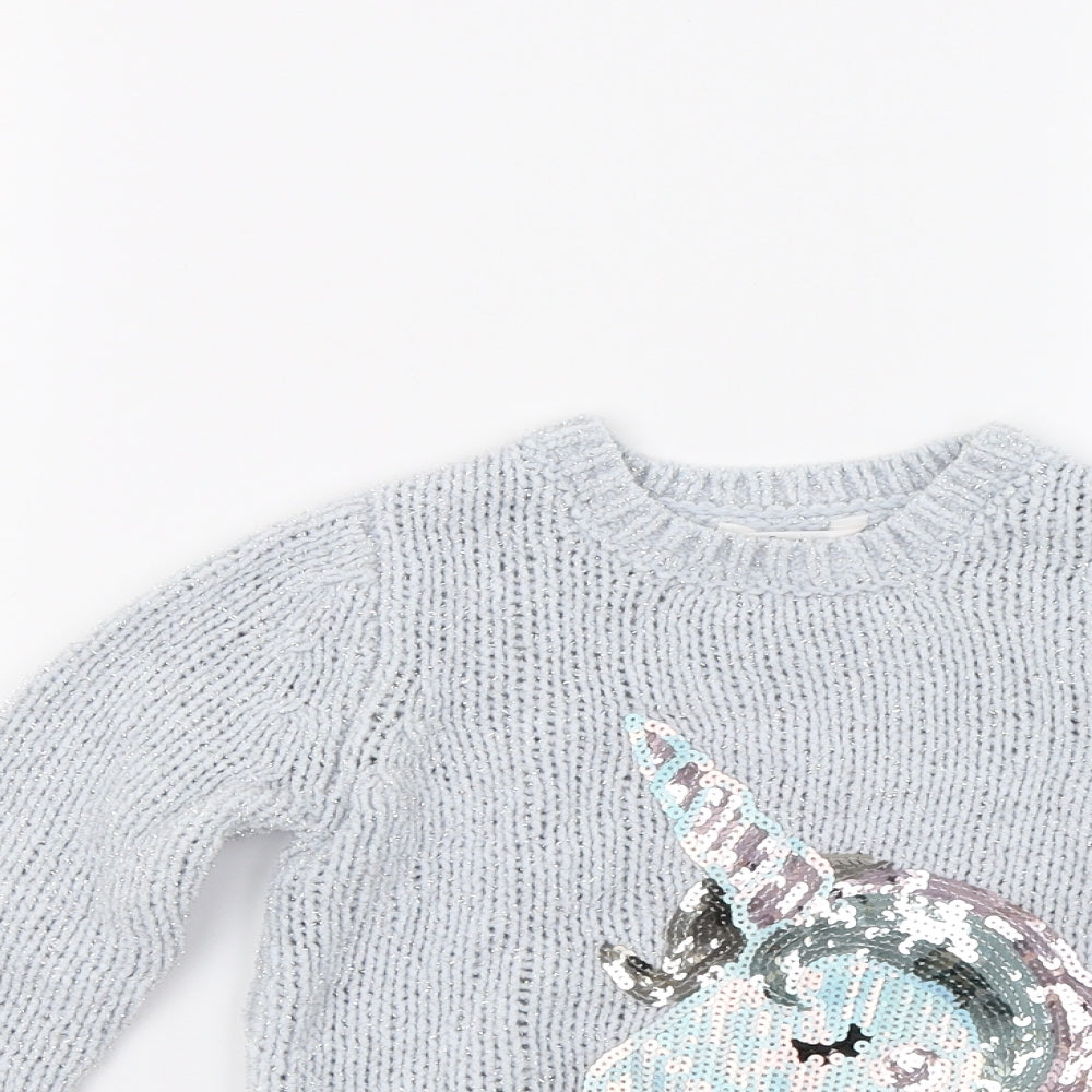 M&Co Girls Grey  Knit Pullover Jumper Size 3-4 Years  - Unicorn