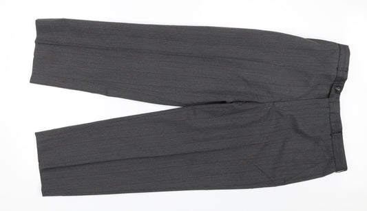 Front view of Preowrn men’s grey striped dress pants trousers, size 34, 26-inch leg