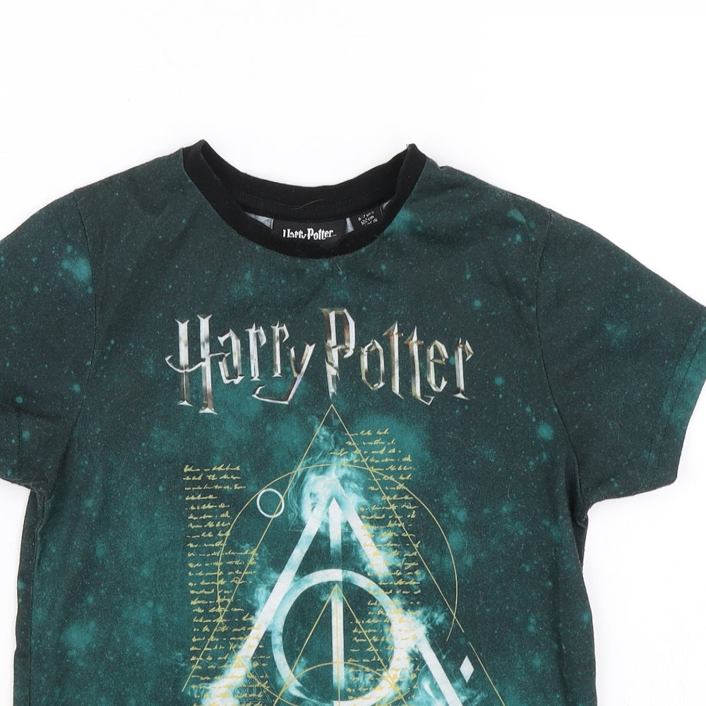 Harry Potter Boys Green   Basic T-Shirt Size 6-7 Years  - The Deathly Hallows
