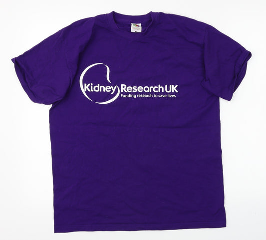 Front view of Fruit of the Loom men’s purple t-shirt, size M, - kidney research uk