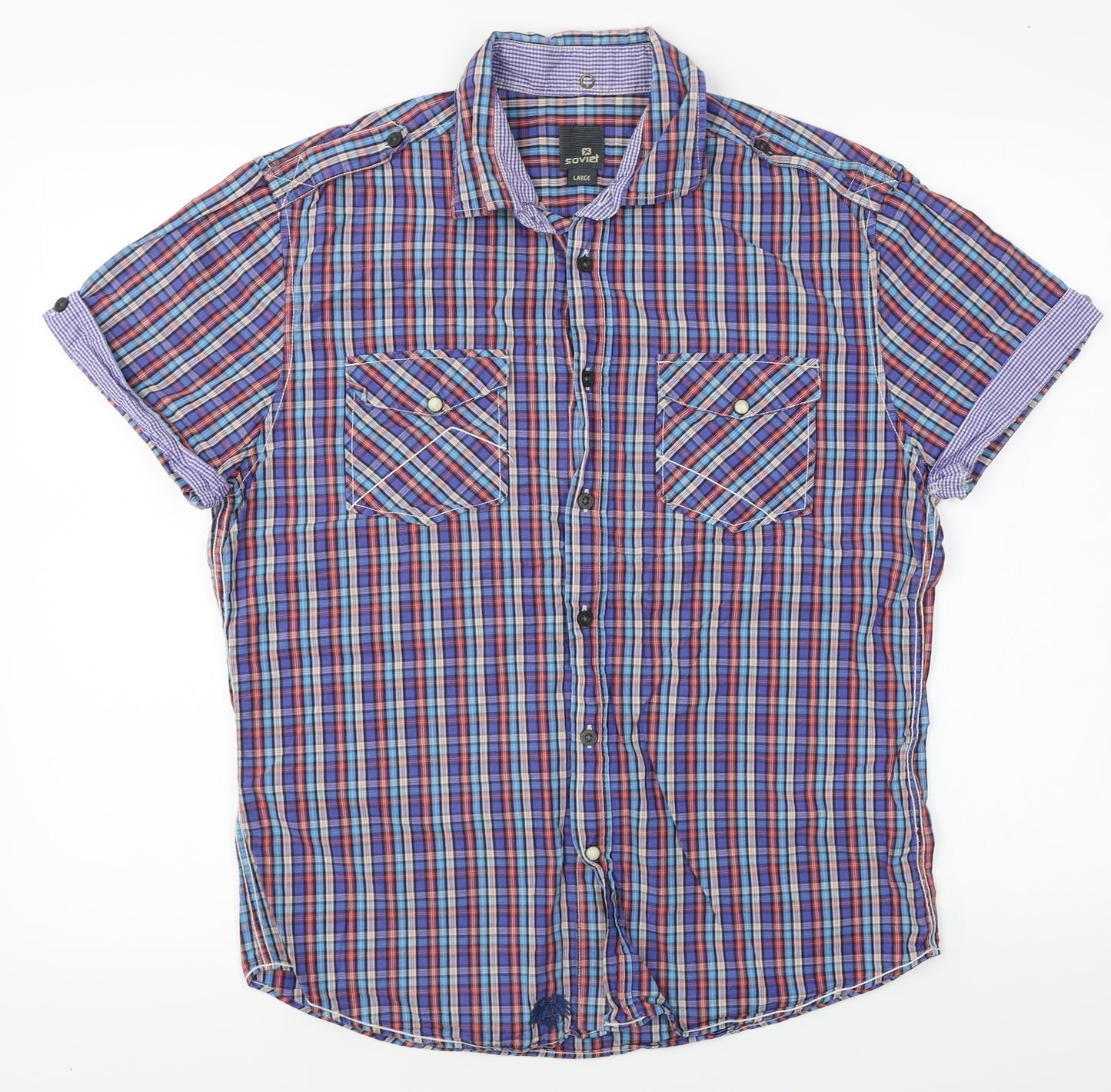 Soviet Mens Blue Plaid   Button-Up Size L