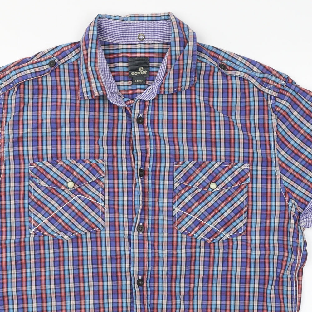 Soviet Mens Blue Plaid   Button-Up Size L