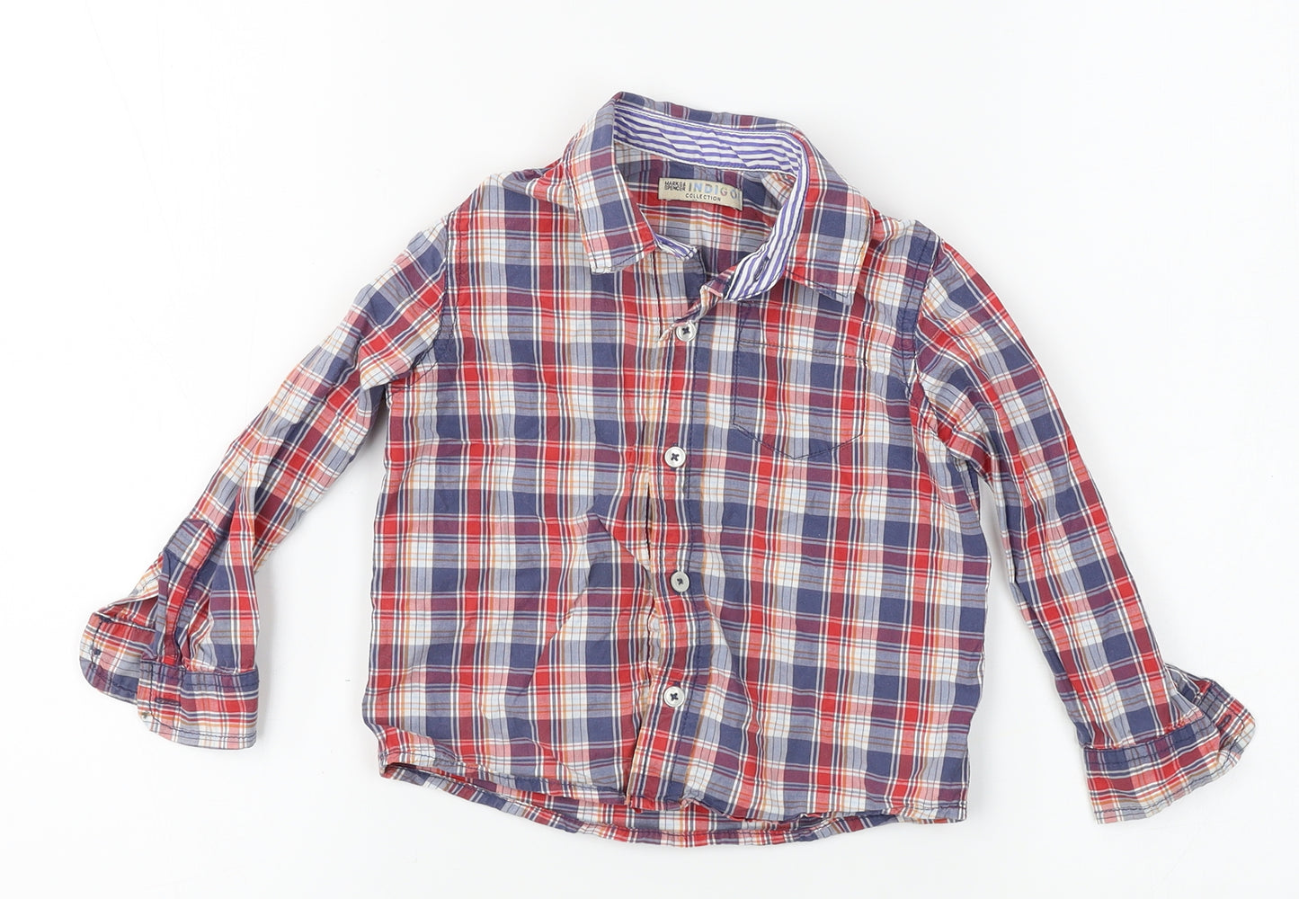 M&S Boys Blue Plaid  Basic Button-Up Size 2-3 Years