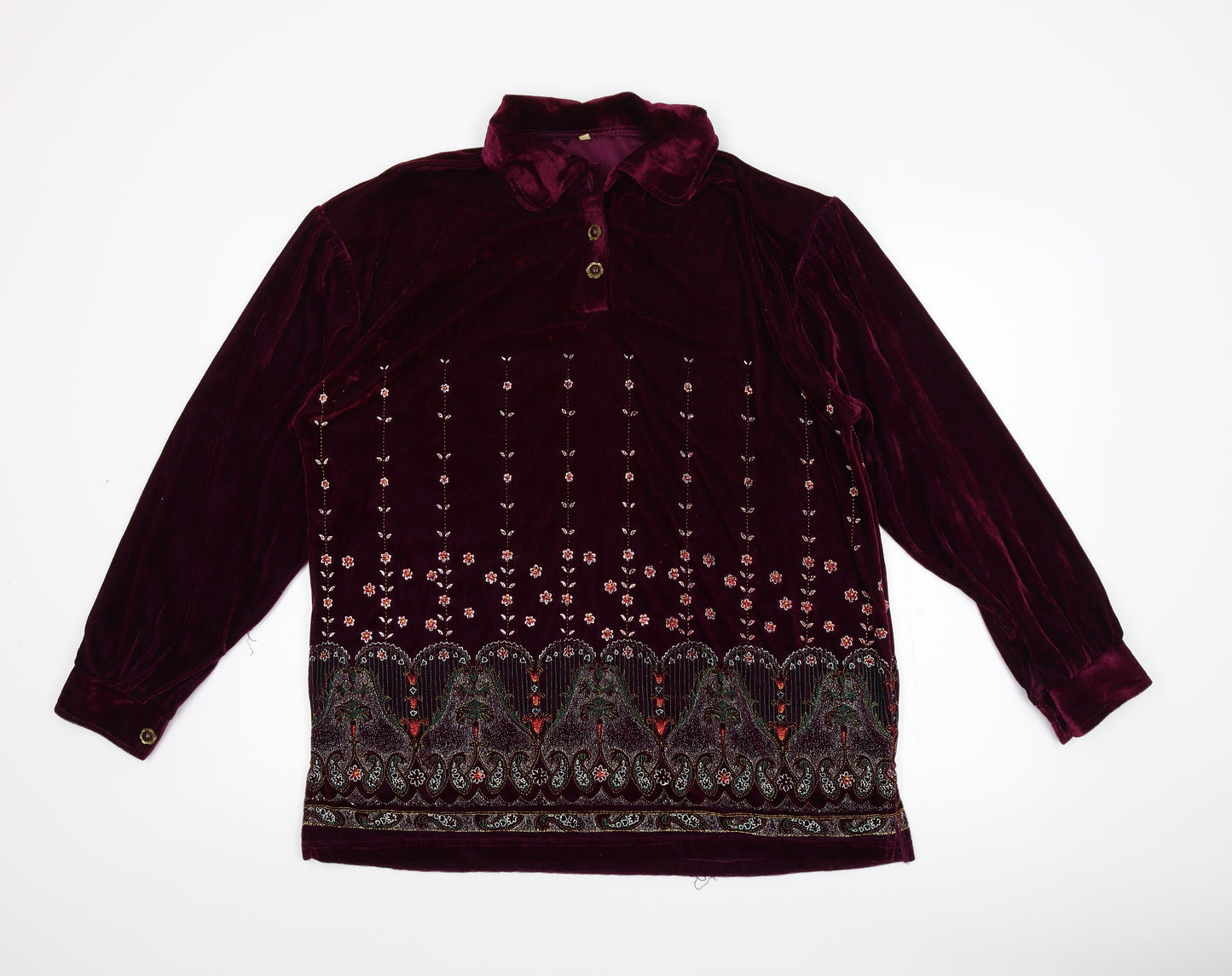 Preworn Womens Purple Floral Velvet Basic Button-Up Size L