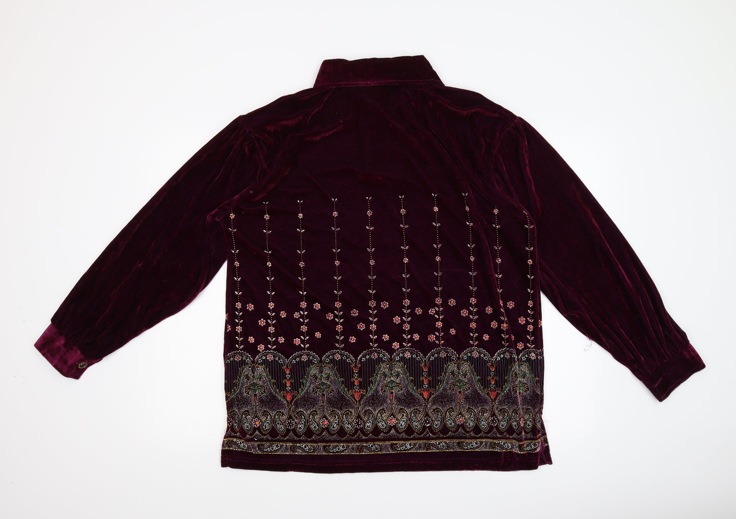 Preworn Womens Purple Floral Velvet Basic Button-Up Size L