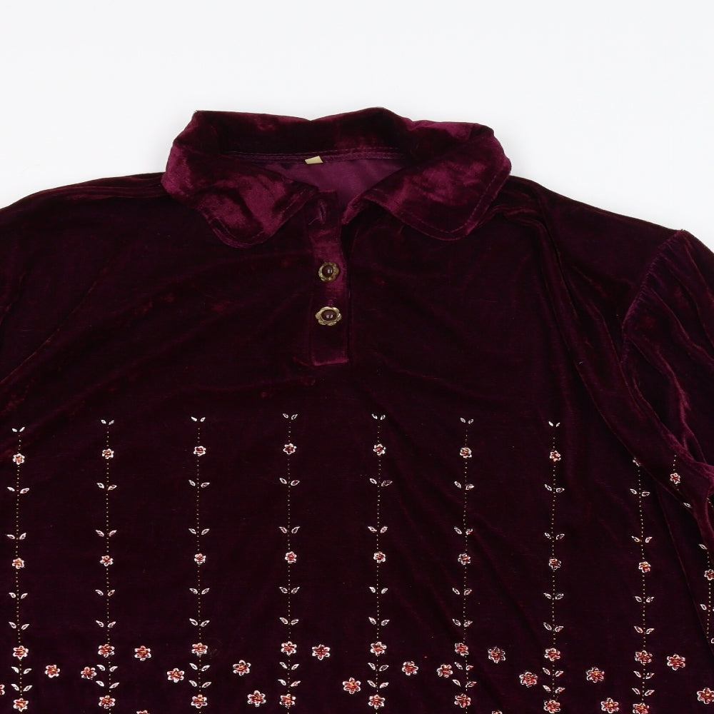 Preworn Womens Purple Floral Velvet Basic Button-Up Size L