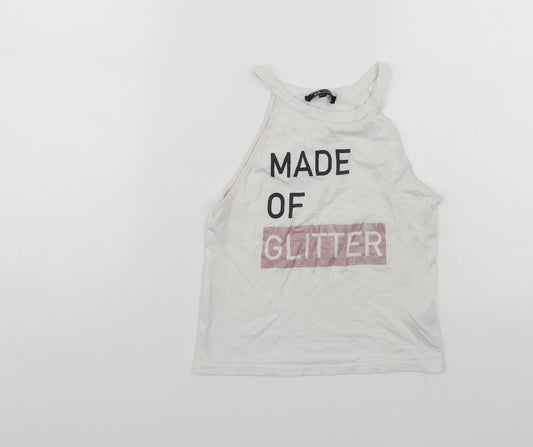 Front view of 915 girls’ white basic tank, size 12-13, years