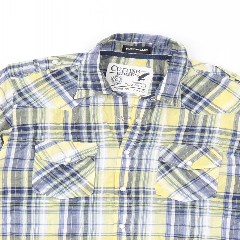 Kurt Muller Mens Yellow Plaid   Button-Up Size M