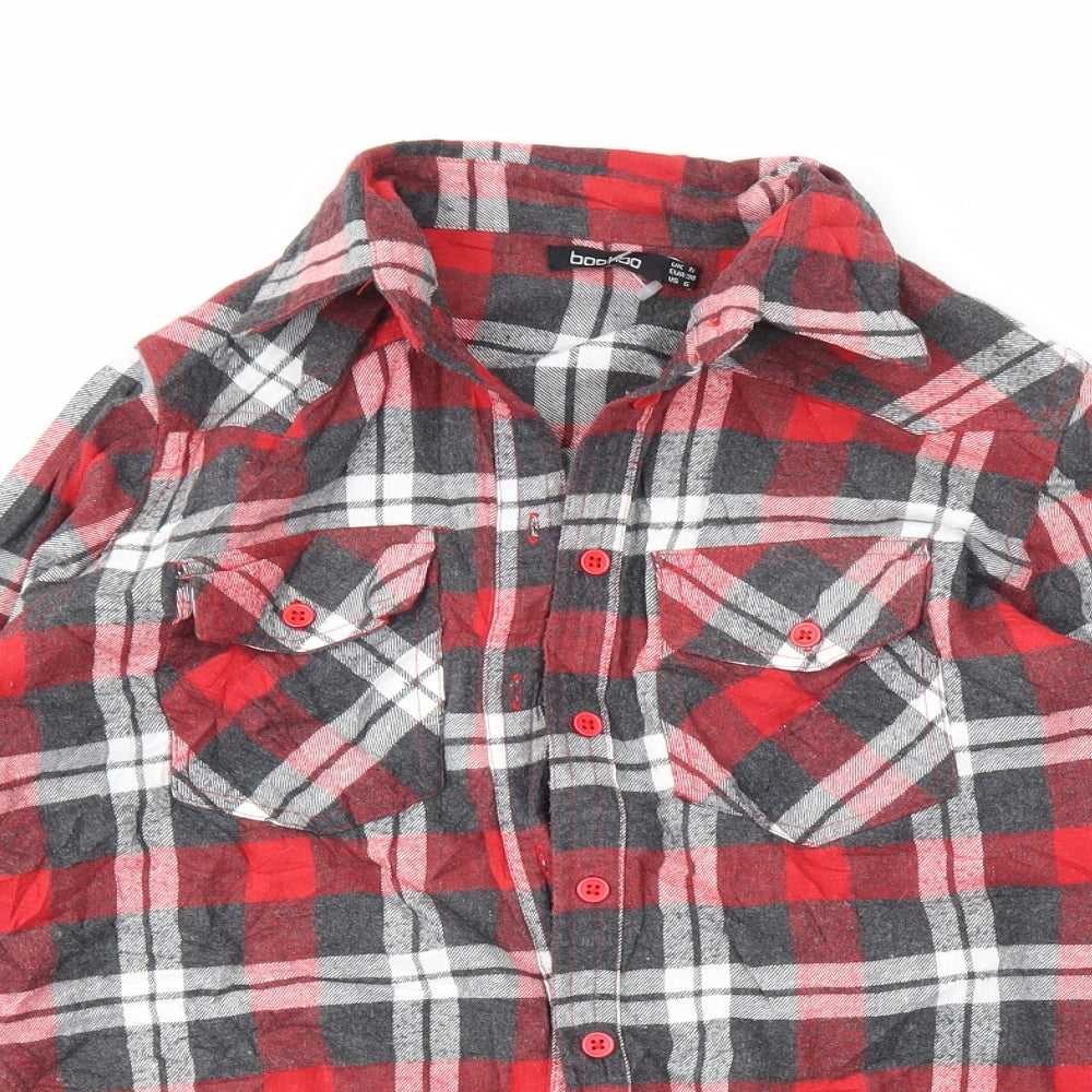 Boohoo Womens Red Plaid  Basic Button-Up Size 10