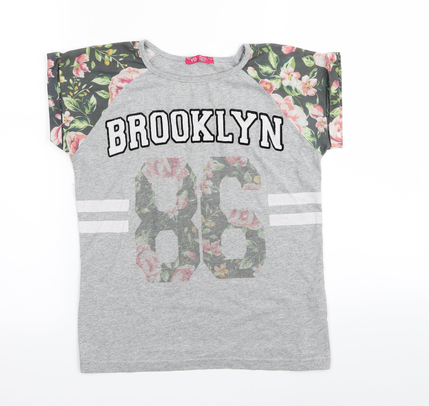 yd Girls Grey Floral  Basic T-Shirt Size 9-10 Years