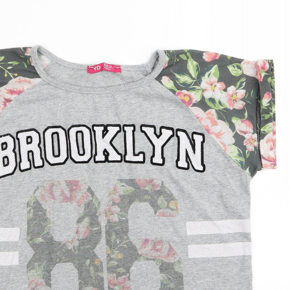 yd Girls Grey Floral  Basic T-Shirt Size 9-10 Years