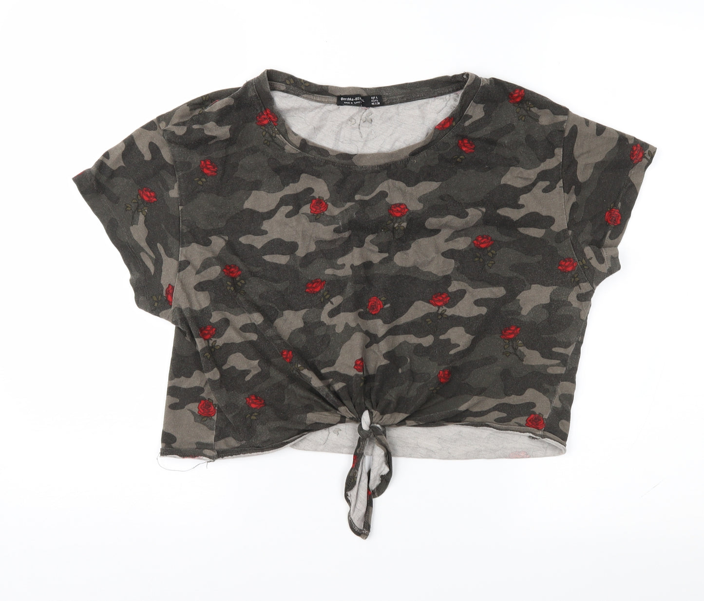 Bershka Womens Green Camouflage  Cropped T-Shirt Size L