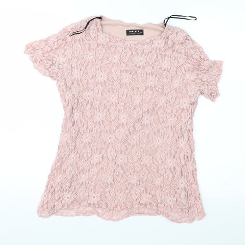Forever Womens Pink Floral Lace Basic Blouse Size M