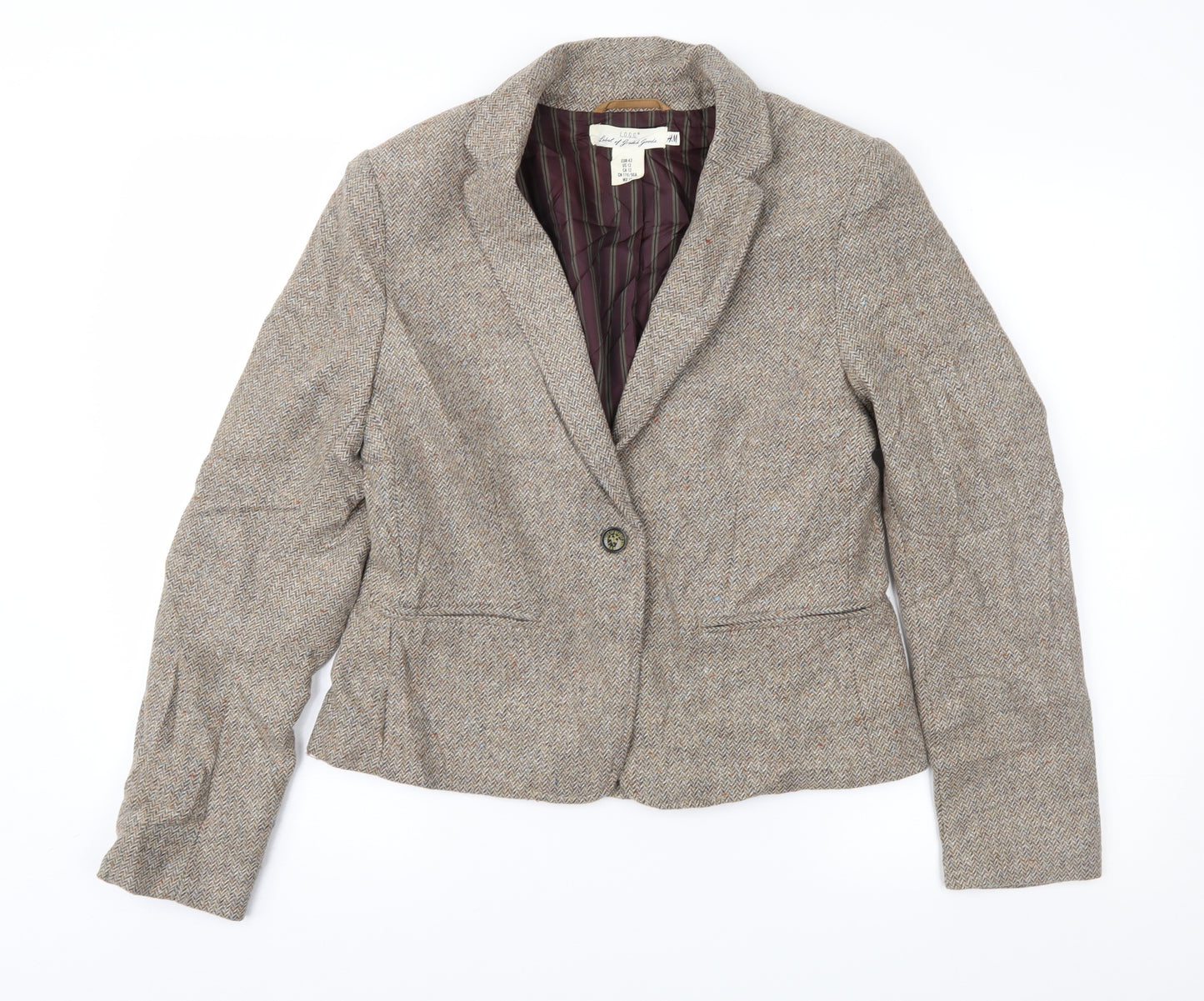 H&M Womens Brown Herringbone  Jacket Sport Coat Size 14