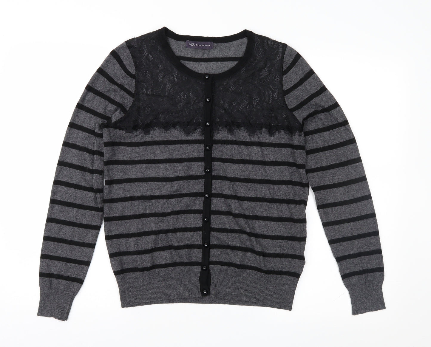 Marks and Spencer Womens Grey Striped  Cardigan Jumper Size 14