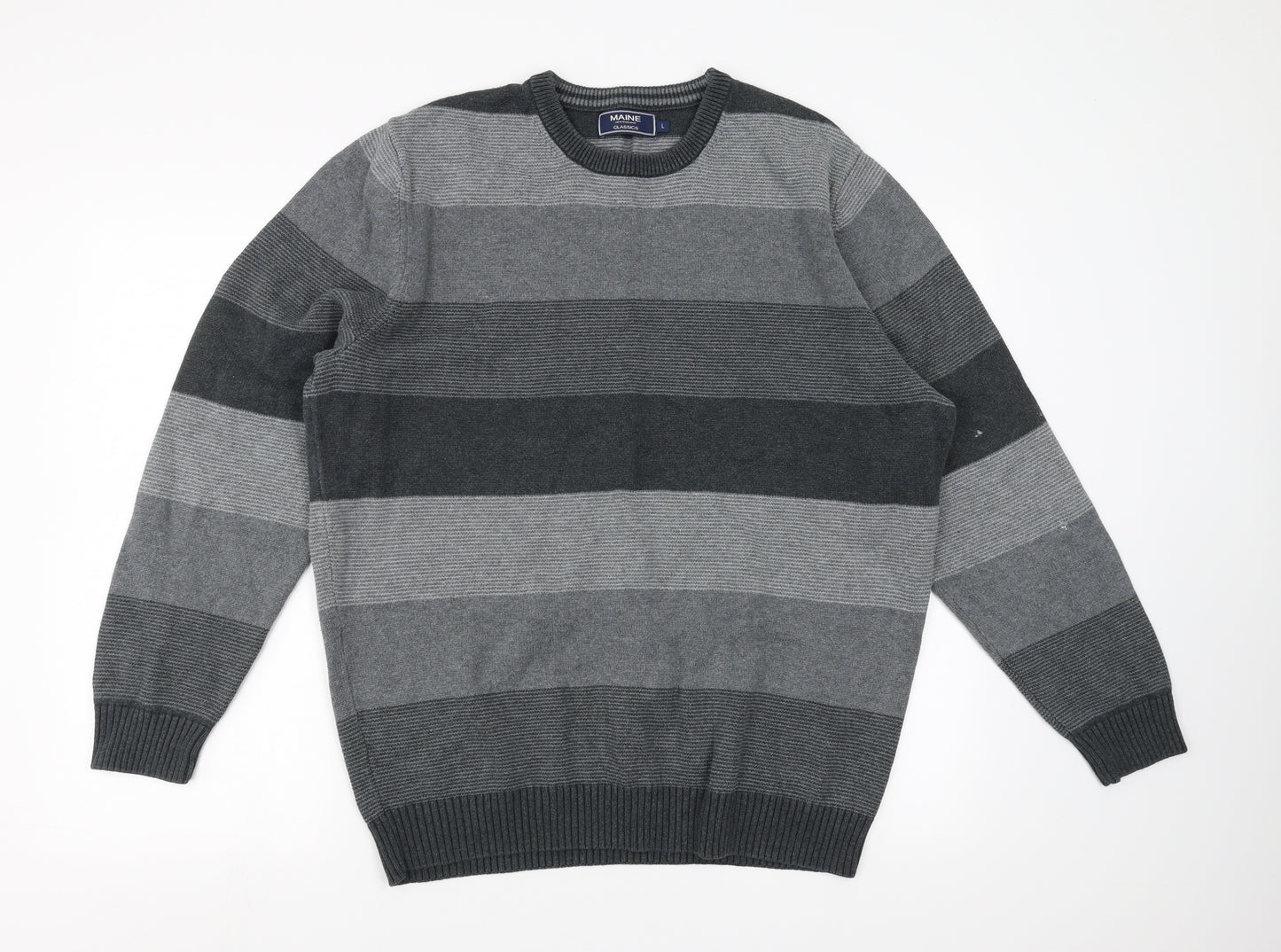 Maine New England Mens Grey Striped  Pullover Jumper Size L