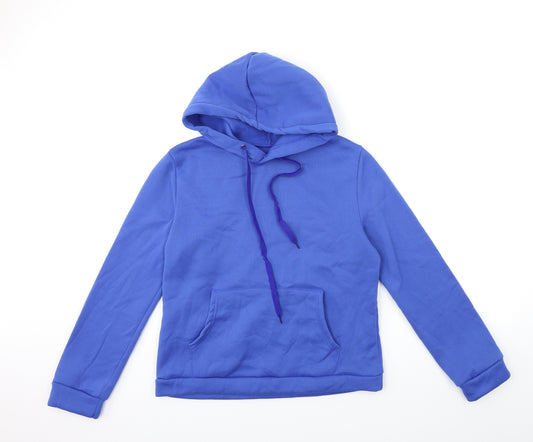 Front view of men’s blue pullover hoodie, size M
